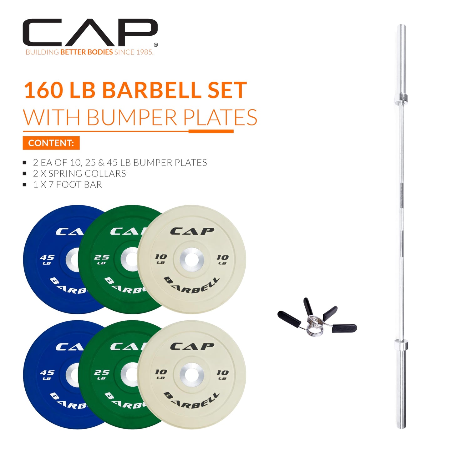 CAP Barbell 160 lb Competition Olympic Weight Set with 7ft Chrome Barbell & Color Bumper Plates