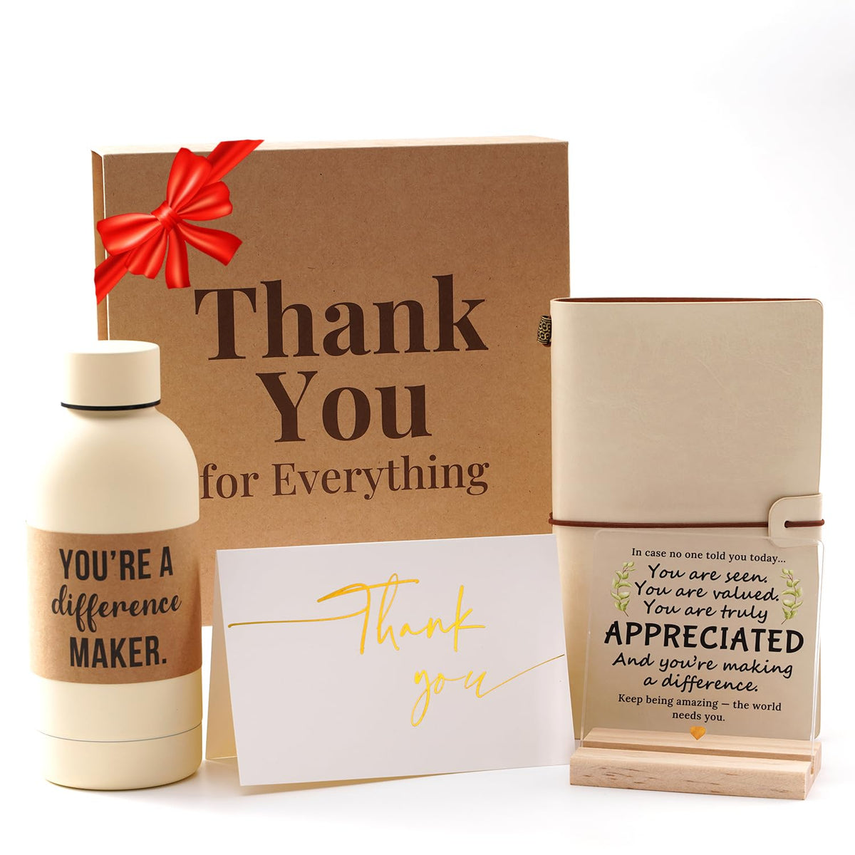 GYLACELU Employee Appreciation Gifts Box Set – Coworker Gift Set Includes Vegan Leather Notebook, Insulated Bottle, Desk Sign, Card, Gift Box – Thank You Gifts for Staff, Teachers, Volunteers (IVORY)