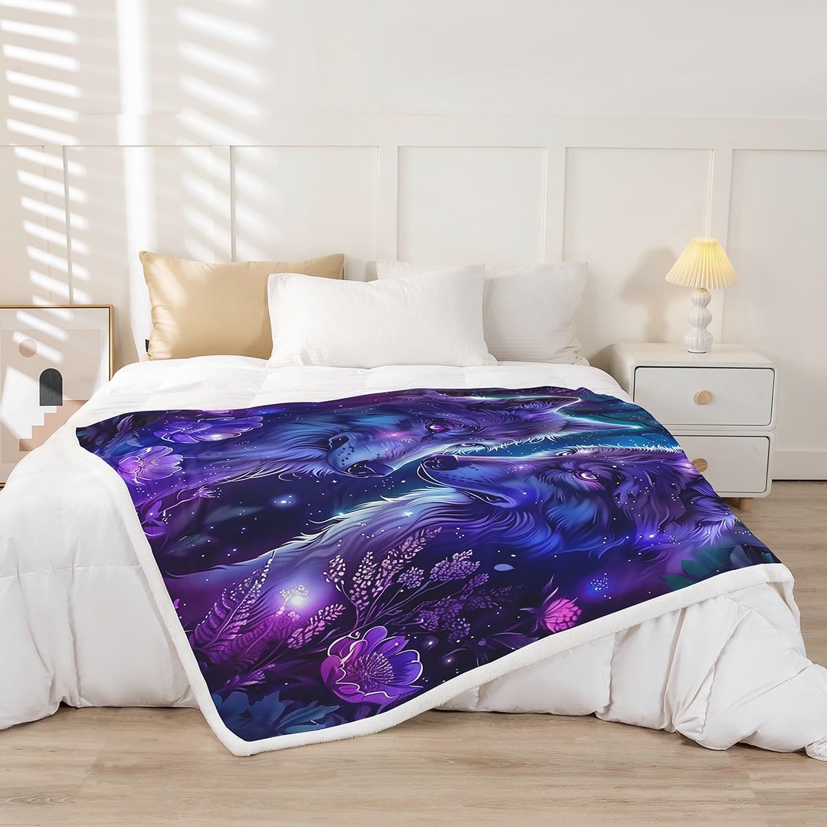 Erosebridal Wolf Fleece Blanket Botanical Flowers Sherpa Blanket 90"x90", Boho Floral Woodland Animals Galaxy Jungle Wild Animal Fuzzy Plush Throw