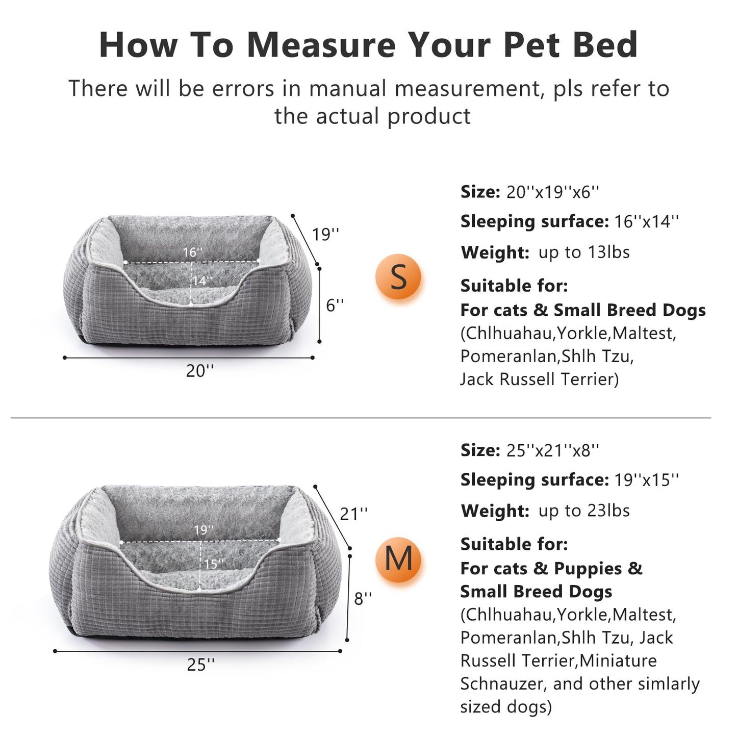JOEJOY Medium Dog Bed Washable Pet Bed, Orthopedic Calming Dog with Raised Edges Rectangle Bed Non-Slip Bottom Puppy Bed, Soft Rose Velvet Pet Bed For Medium Dogs, Grey, 63x53x21 cm
