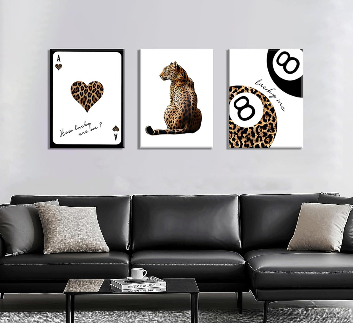 Trendy Leopard Wall Art Set of 3 Cheetah Print Canvas Wall Decor Lucky 8 Ball Paintings Posters Prints Preppy Room Aesthetic Pictures Artwork for Living Room Bedroom Apartment Dorm 12x16inch Framed
