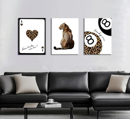 Trendy Leopard Wall Art Set of 3 Cheetah Print Canvas Wall Decor Lucky 8 Ball Paintings Posters Prints Preppy Room Aesthetic Pictures Artwork for Living Room Bedroom Apartment Dorm 12x16inch Framed
