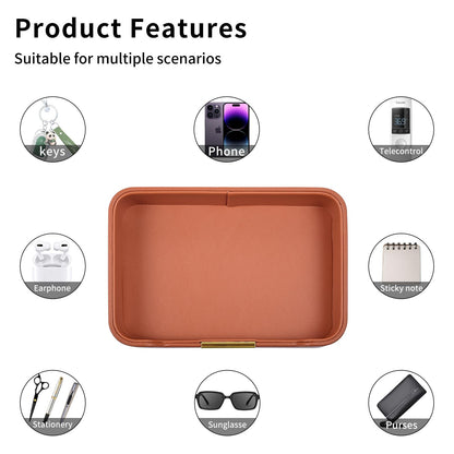 RHCSZ Luxury Leather Valet Tray Desktop Storage Organizer,Bedside Vanity Catchall Tray Nightstand Caddy Holder for Cosmetic,Jewelry,Watch,Keys,Phone,Wallet,Remote Controller,Pen,Orange