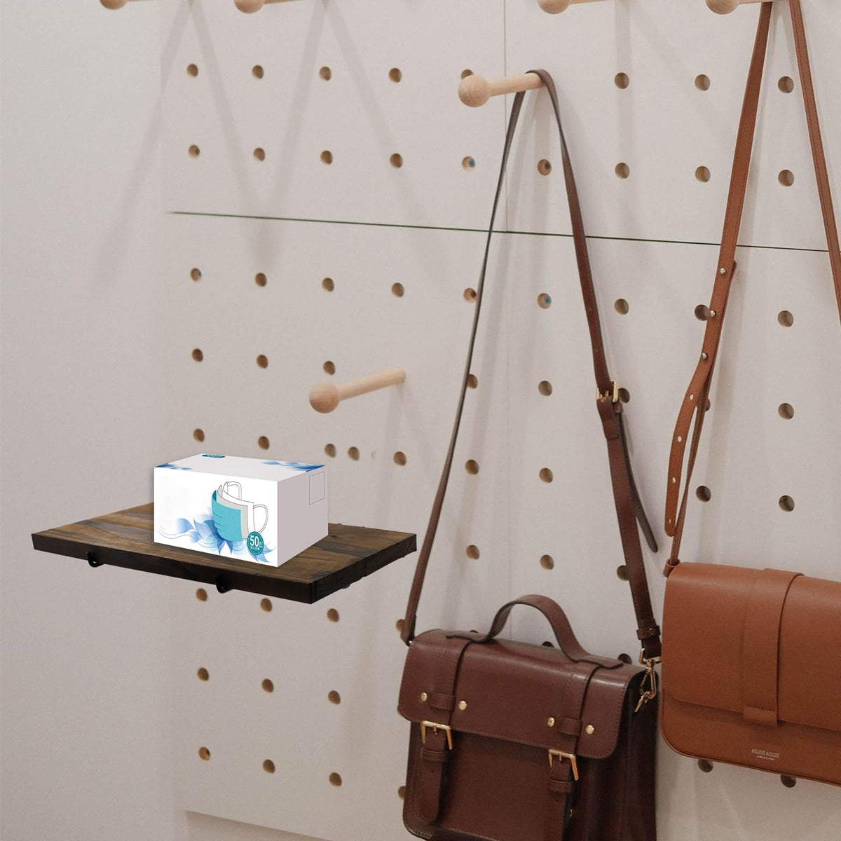 3 PCS Wooden Pegboard Shelves with 6 PCS Metal Pegboard Shelf Brackets Pegboard Hooks, Heavy Duty PegBoard Organizer Shelves, Pegboard Accessories for Craft Room, Home, Kitchen, Garage, Office