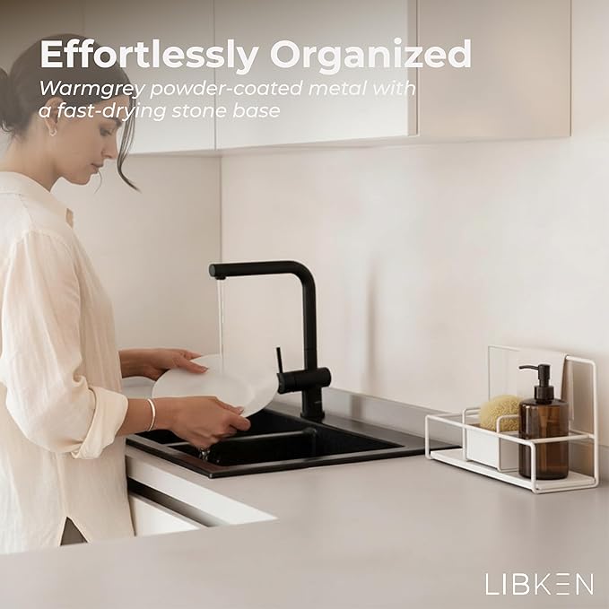 Kitchen Sponge Holder with Drying Stone – Warm Grey Powder Coated Metal Sink