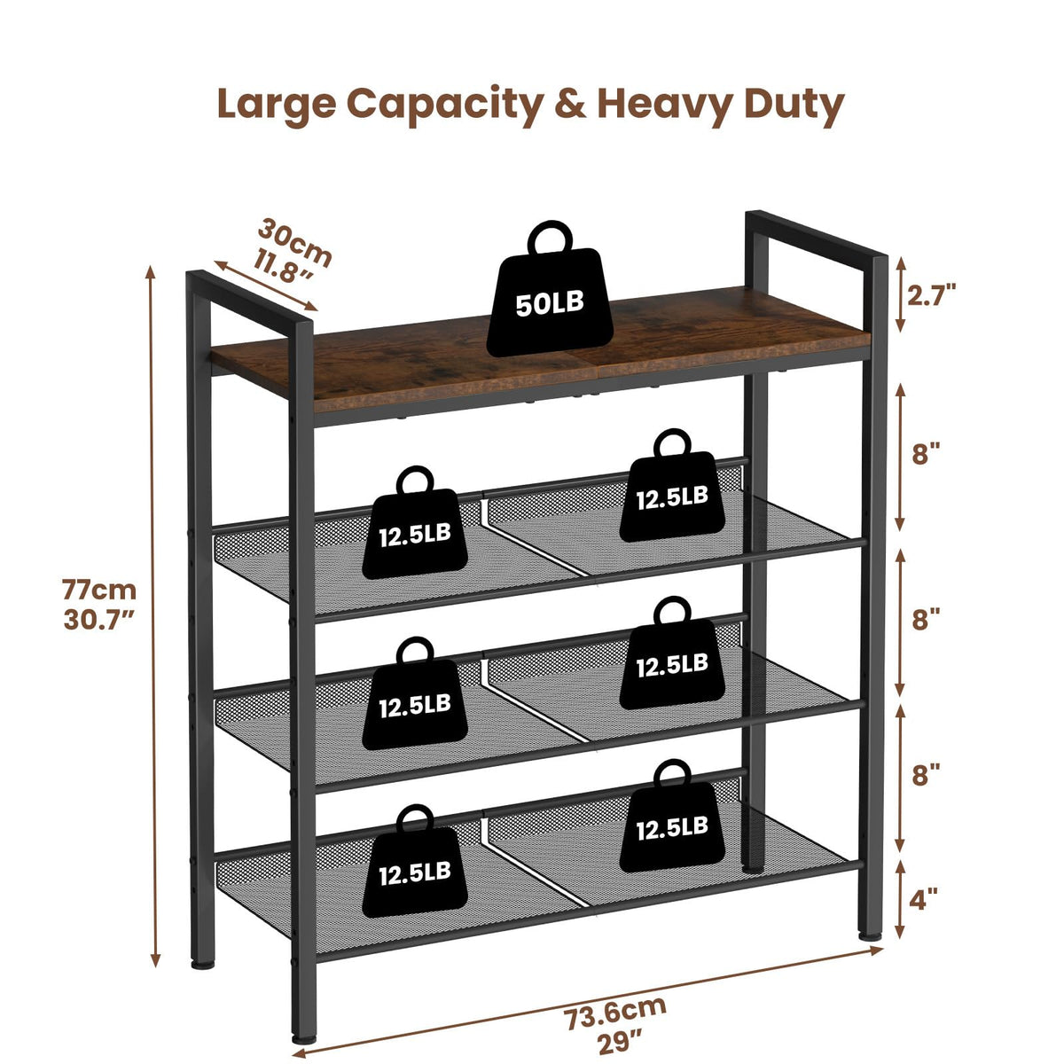 BASICS4ALL 4 Tier Shoe Rack for Entryway, Metal Shoe Rack Heavy Duty with Wooden Top & Adjustable Mesh Shelves, Shoe Storage Organizer for Front Door Entrance/Closet/Bedroom/Dorm/Garage