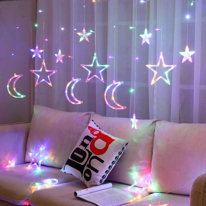 ALFEUND 138 Led Curtain String Light Star Moon Icicle Light with 8 Lighting Modes with Timer Remote USB Operated Dimmable Fairy String for Window Wall Home Decoration