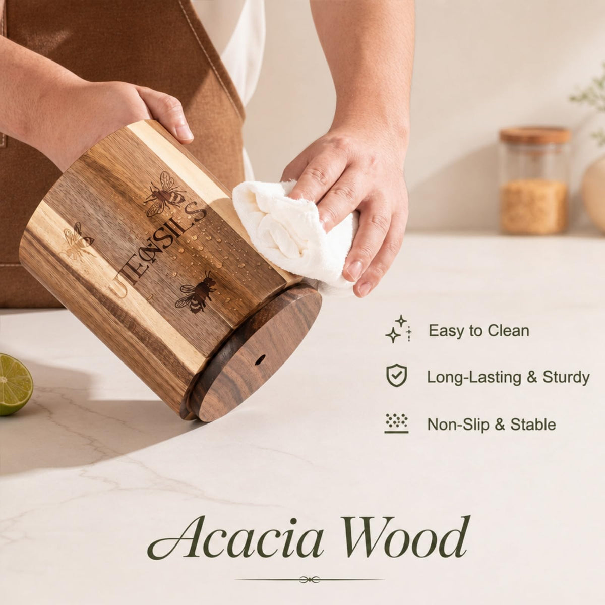 Hushee 2 Pack Acacia Wood Utensil Holder for Kitchen Counter, 360° Rotating 7.3inch Large Wooden Cooking Utensil Crock and 5.5 Inch Small Kitchen Tool Organizer for Countertop, Farmhouse Modern Decor