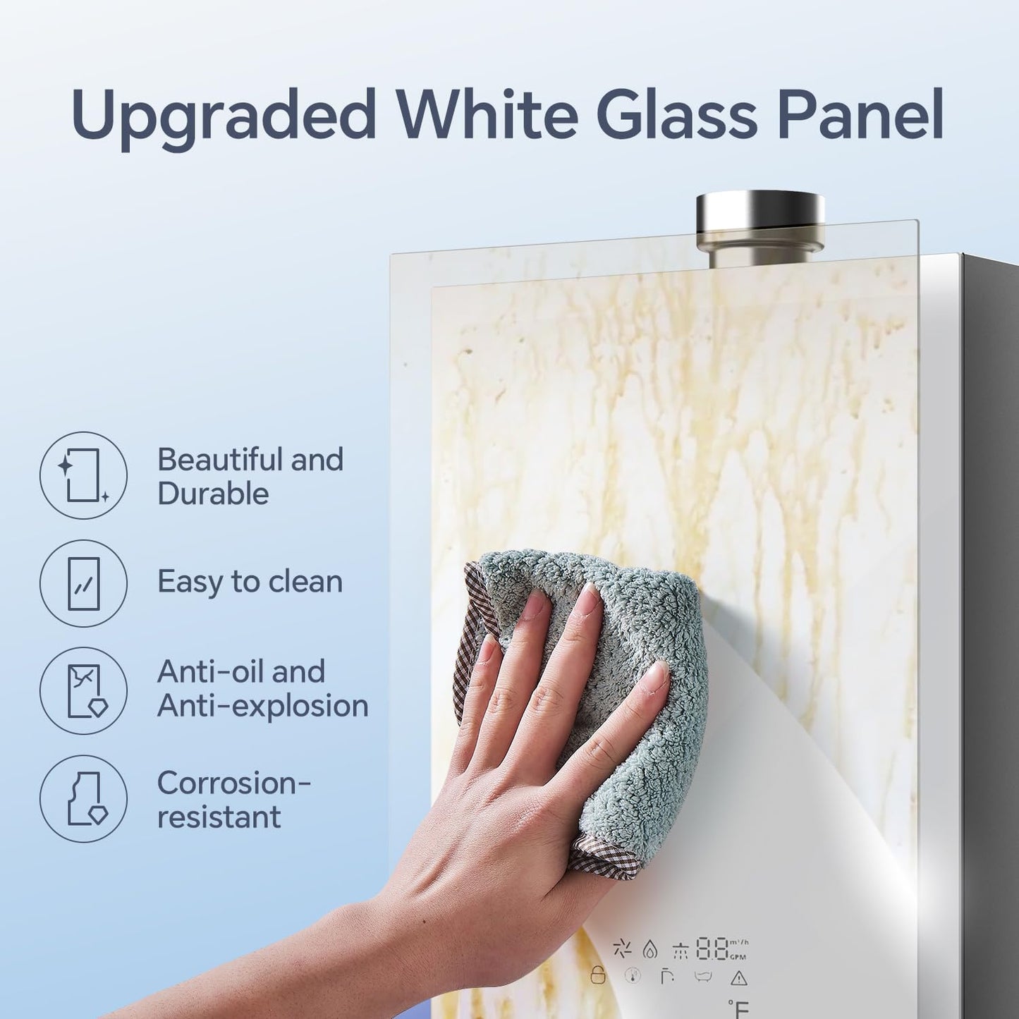 GEN II Ranein Natural Gas Tankless Water Heater, 4.76 GPM, 116,000 BTU Glass Panel Design Indoor On Demand Instant Hot Water Heater with LED Temperature Control Panel
