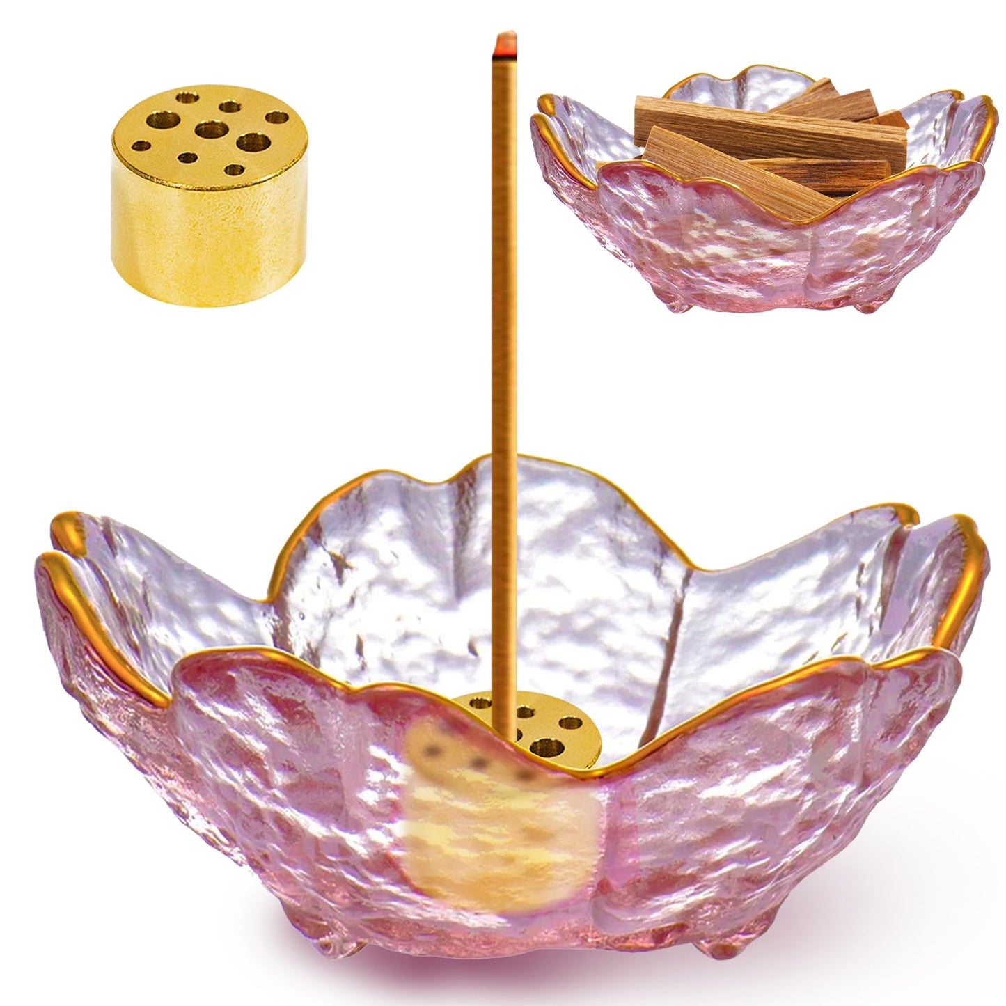 Incense Holder for Sticks, Glass Backflow Incense Burner with 9 Stick Holes, Handmade Cherry Blossom Incense Holder with Ash Catcher for Meditation, Yoga, Home Decor (with Gilt-Edged)