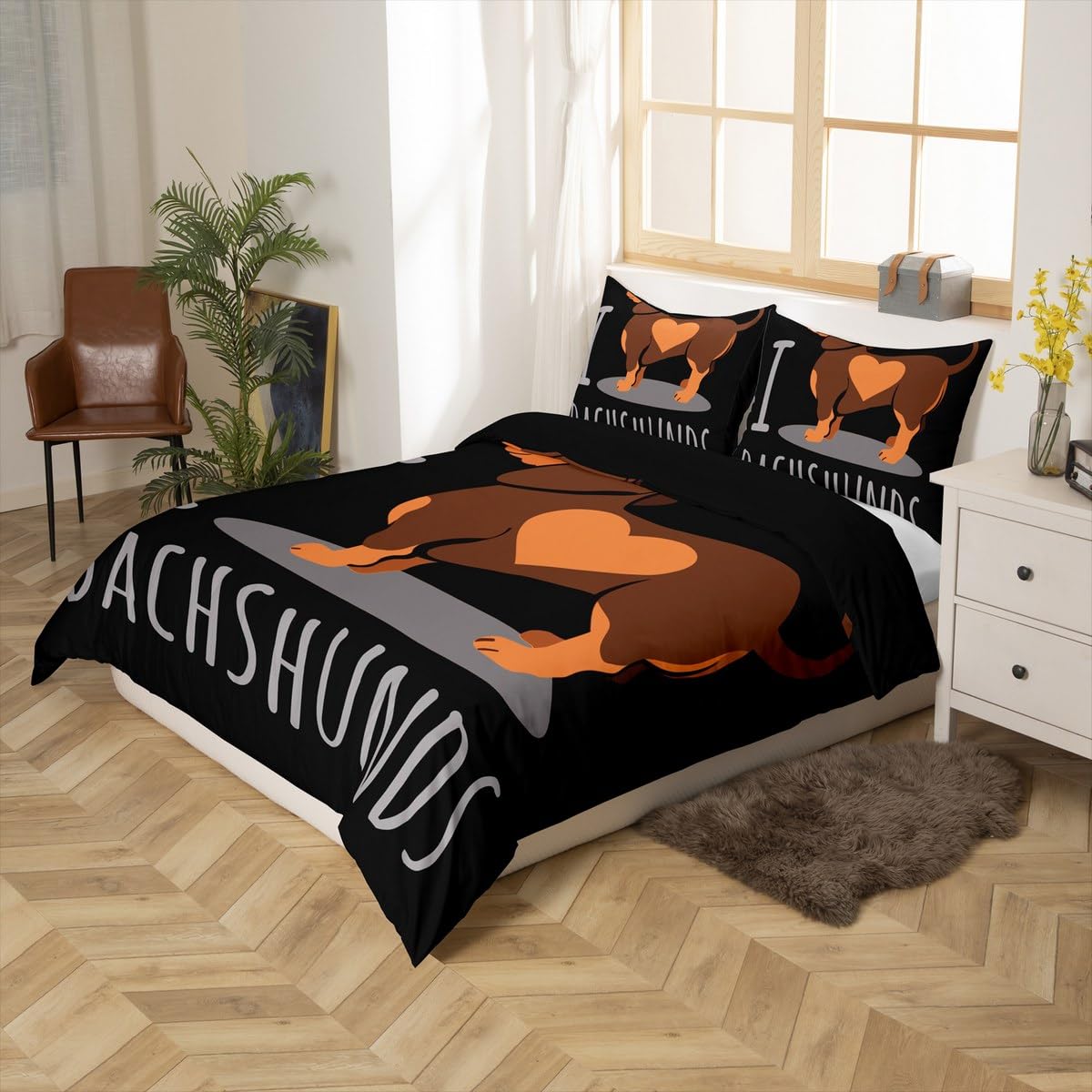 Feelyou Dachshund Sausage Duvet Cover Cartoon Puppy Dog Bedding Set Kids Boys Toddler Weiner Dog Comforter Cover Cute Dachshund Bedspread Bedroom Collection 3Pcs King Size,Black