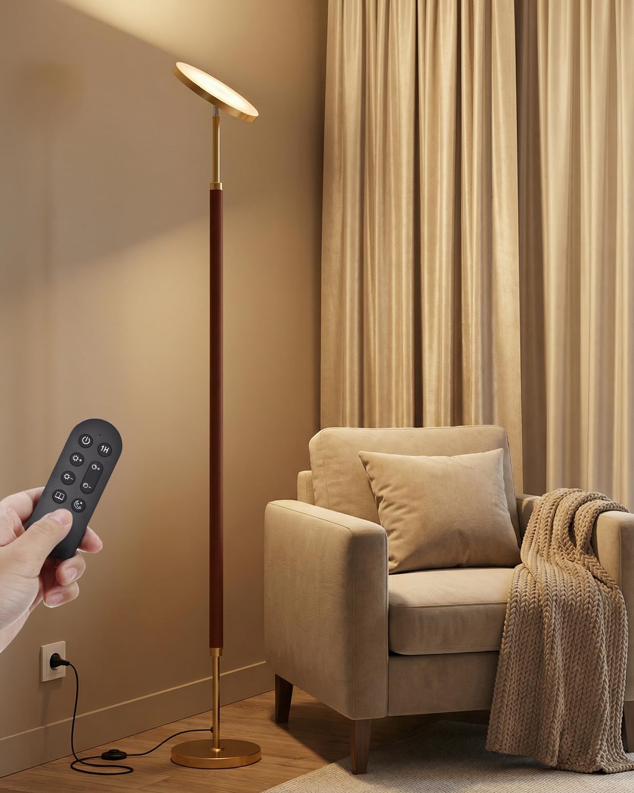 JOOFO Wood Torchiere Floor Lamp, Super Bright Stepless Dimmable LED Uplight Standing Lamp with Remote Adjustable Color Temperature 3000K–6500K with Timer for Living Room Bedroom Office Reading
