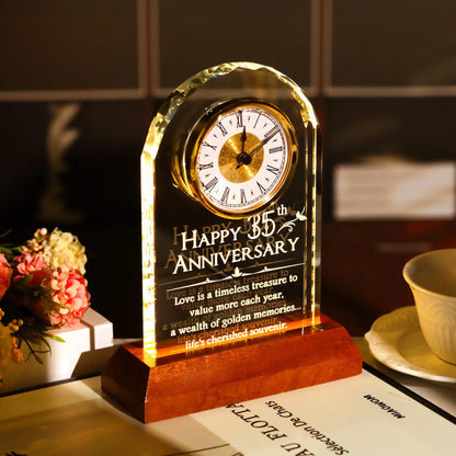 YWHL 35th Wedding Anniversary Clock Gifts for Couple, 35 Years for Wife Husband, Table Clock Glass Presents with Wooden Light Base for HomeDecoration (Battery not Included)