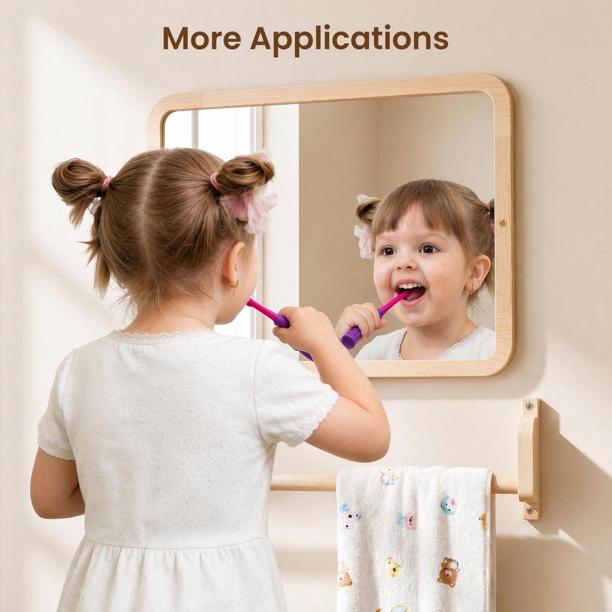 Woodtoe Montessori Mirror with Bar, Adjustable Baby Pull to Stand Toys, Natural Unpainted Solid Wood Frame & Baby Pull Up Bar, Infant Coordination Toddler Mirror, Developmental Toys for 6-18 Months