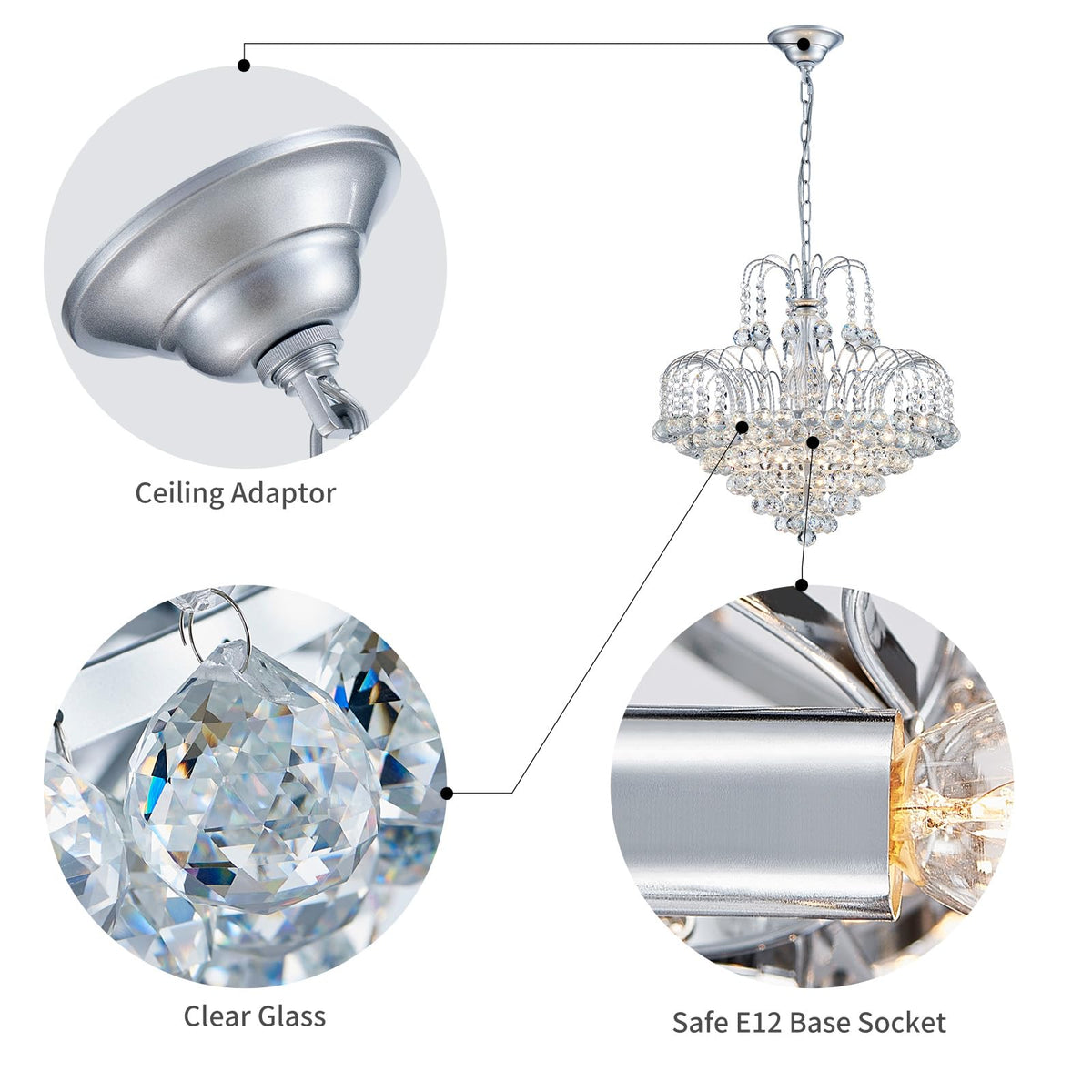 WUZUPS Crystal Chandelier Pendant Flushmount Ceiling Light Modern Lighting Fixture for Bedroom Hallway Bar Kitchen Bathroom, H 17.3" x W 18.9", Silver, E12 Base