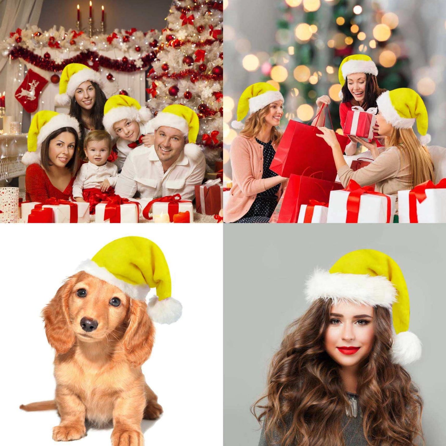 QZMCEAGS Yellow Christmas Hat, Santa Hat, Xmas Holiday Hats for Unisex Adults, Comfortable Plush Classic Santa Claus Hats, Christmas New Year Festive Holiday Party Supplies