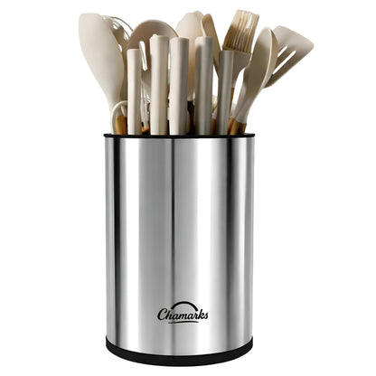 CHAMARKS 3-in-1 Kitchen Utensil Holder for Countertop with Knife Block and Silverware Caddy. (Silver)
