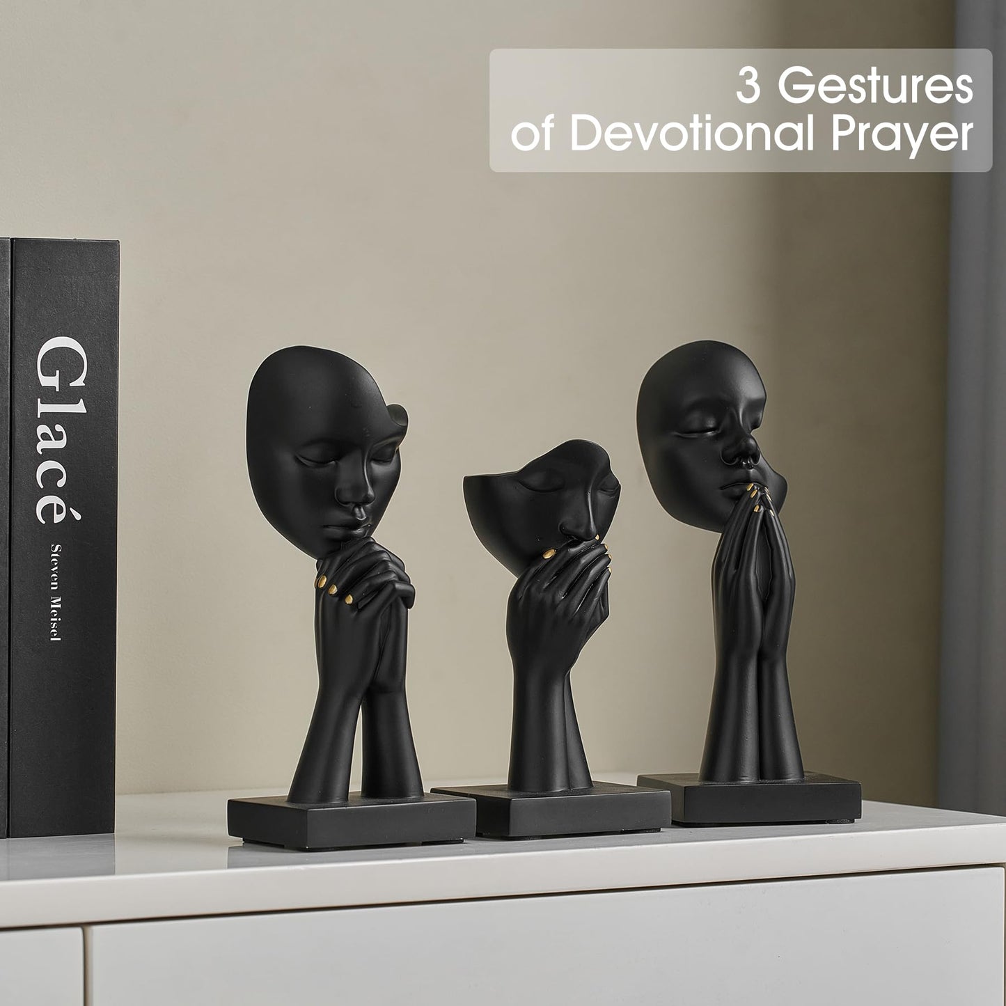3 Pcs Black Decor Prayer Statues, Modern Prayer of Peace Figurines Shelf Decor Accents, Abstract Art Sculpture Home Decorations for Living Room Bedroom Office Bookshelf Coffee Table, Gifts for Women