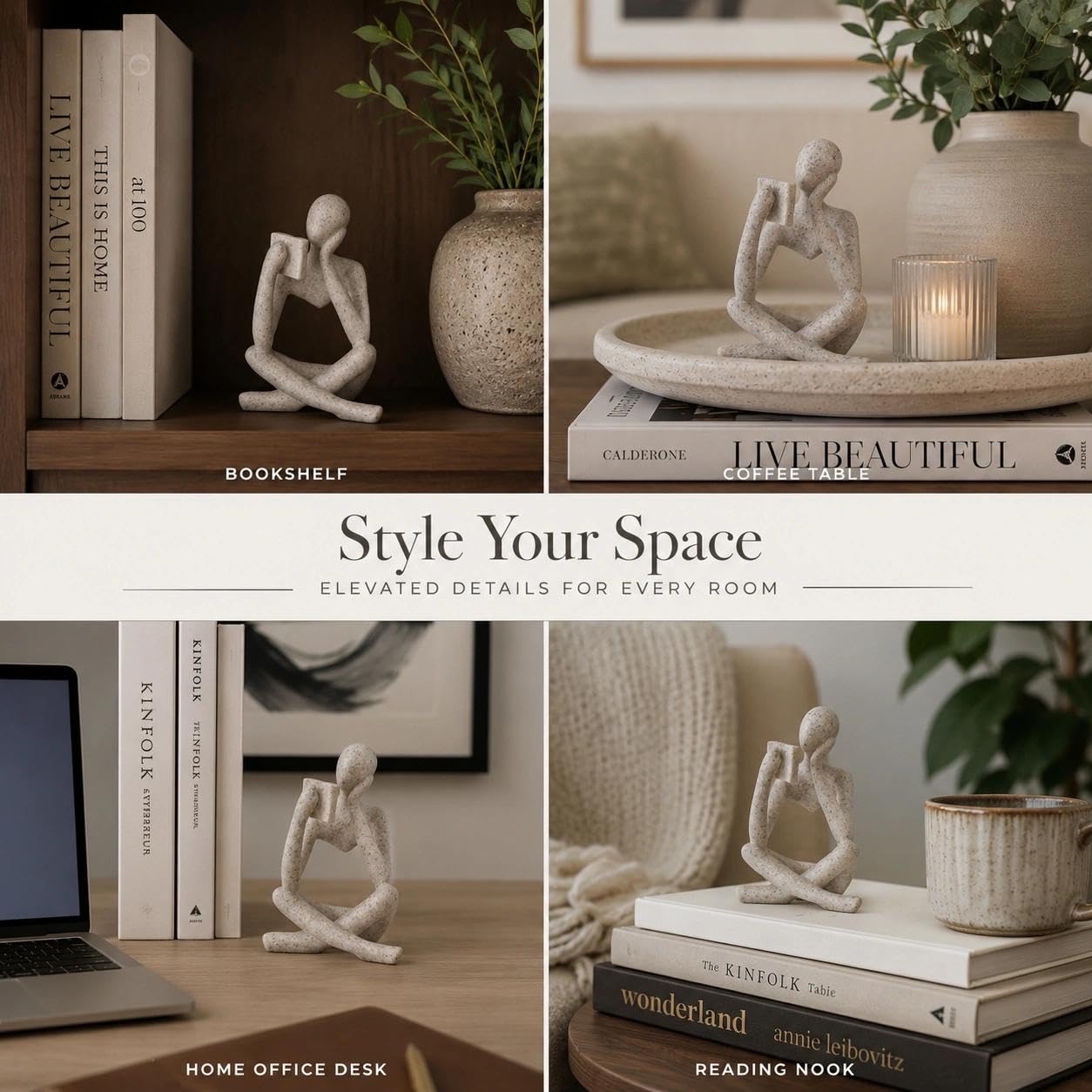 LINZHEN Bookshelf Decor Thinker Statue, Sand Abstract Reading Figurine Style B, Resin Decorative Bookend for Coffee Table, Shelf, Home Office, Library, Gift for Book Lovers