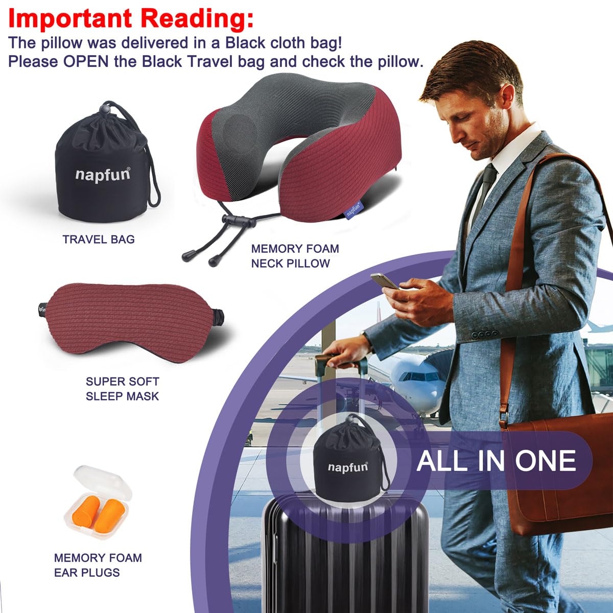 napfun Neck Pillow for Traveling, Upgraded Travel Neck Pillow for Airplane 100% Pure Memory Foam Travel Pillow for Flight Headrest Sleep, Portable Plane Accessories, Light Grey