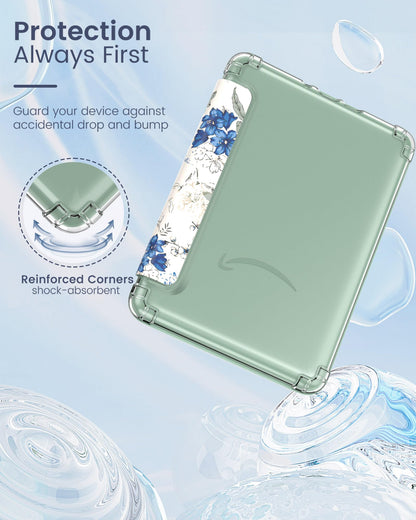 MoKo Case for All-new 7" Kindle Paperwhite 12th Gen 2024&Kindle Colorsoft Signature Edition 2024,Ultra Clear Soft Flexible Transparent TPU Back Cover Light Shell with Auto Wake/Sleep,White Blue Floral