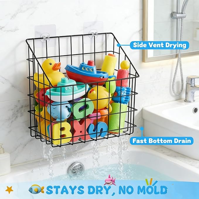 2 Pack Bath Tub Toy Storage Organizer Basket, Rustproof Black Iron Holder