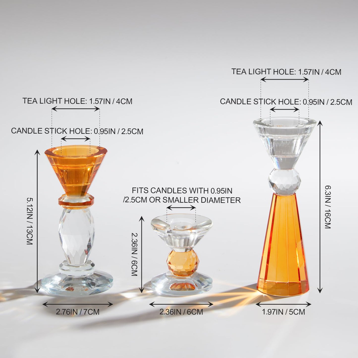 DN DECONATION Glass Candle Holder Set of 3, Candlesticks Holders Amber & Clear Crystal Tealight Candles Holder for Table Centerpiece Wedding Decorations Housewarming Gift Living Room Party