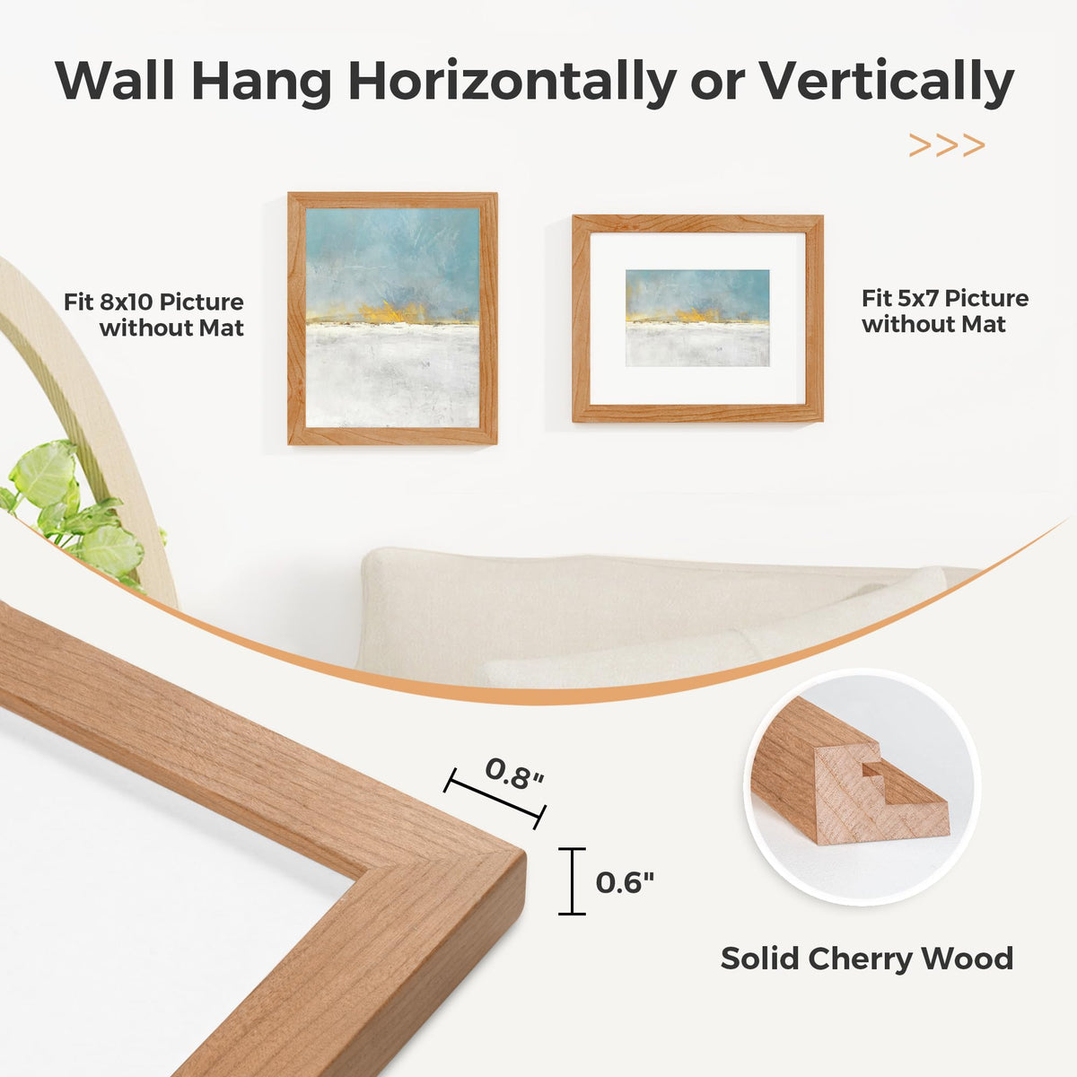 8x10 Picture Frame, Solid Wood Cherry Wood Photo Frame 8 x 10 with Tempered Real Glass, 8x10 Frame Matted to 5x7, Rustic Wooden Frame 8 by 10 for Wall & Tabletop Display (Natural Cherry Color, 3 Pack)