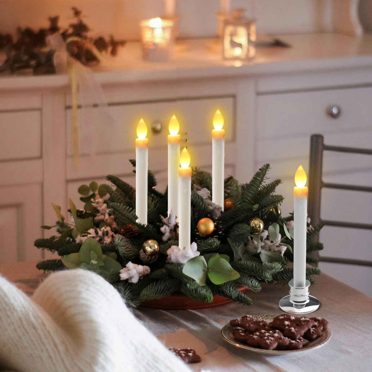 LED Flameless Window Candles With Remote Timer Sliver Base 10 PCS Battery Operated Flickering Taper Candle Lights With Removable Sliver Candle Holders Best Gift For Xmas Wedding Home Dinner Décor
