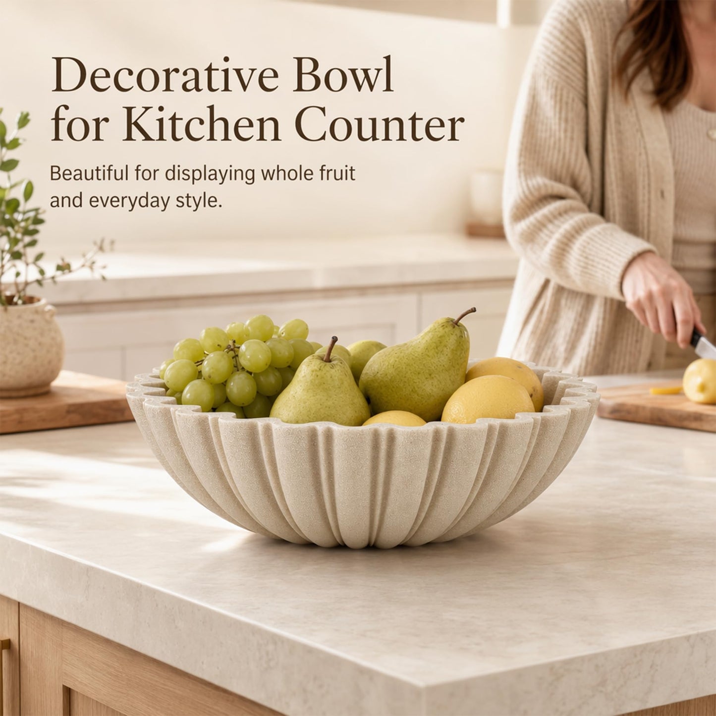 HFWDGTAO Decorative Bowl for Home Decor, 10.6" Large Modern Beige Scalloped Fruit Bowl for Coffee Table, Entryway Table, Kitchen Counter, Centerpiece for Keys or Candy