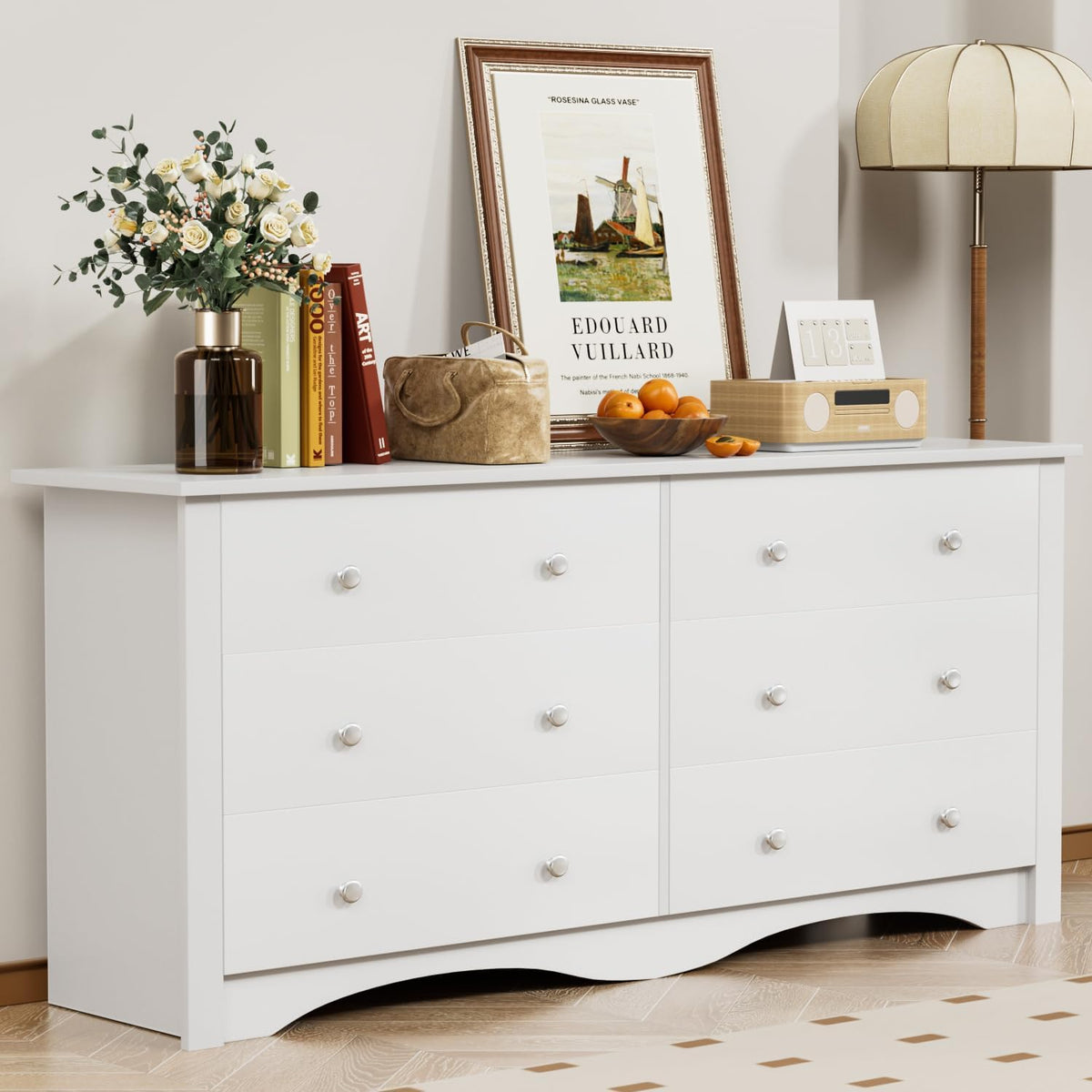 YESHOMY White Wood Dresser with 6 Drawer, 47.2‘’ Cabinets Dressers Wood Dresser Cabinet, Organizer Drawers for Bedroom, Living, Hallway