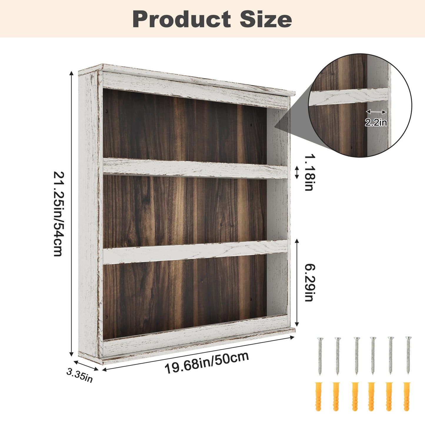 Nisorpa 3 Tier Spice Rack Wall Mount, Rustic Burnt Wood Wall Hanging Spice Rack Kitchen Spice Shelf Organizer for Seasoning Jars or Condiment Bottles, 19.68 x 3.35 x 21.25 Inches