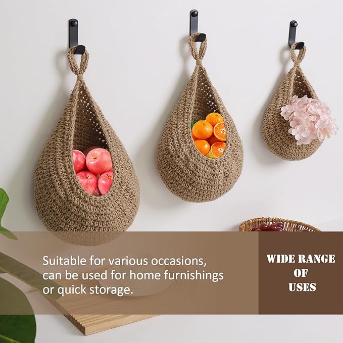 Hanging Fruit Large Basket Set of 3, Boho Wall Hanging Storage Basket
