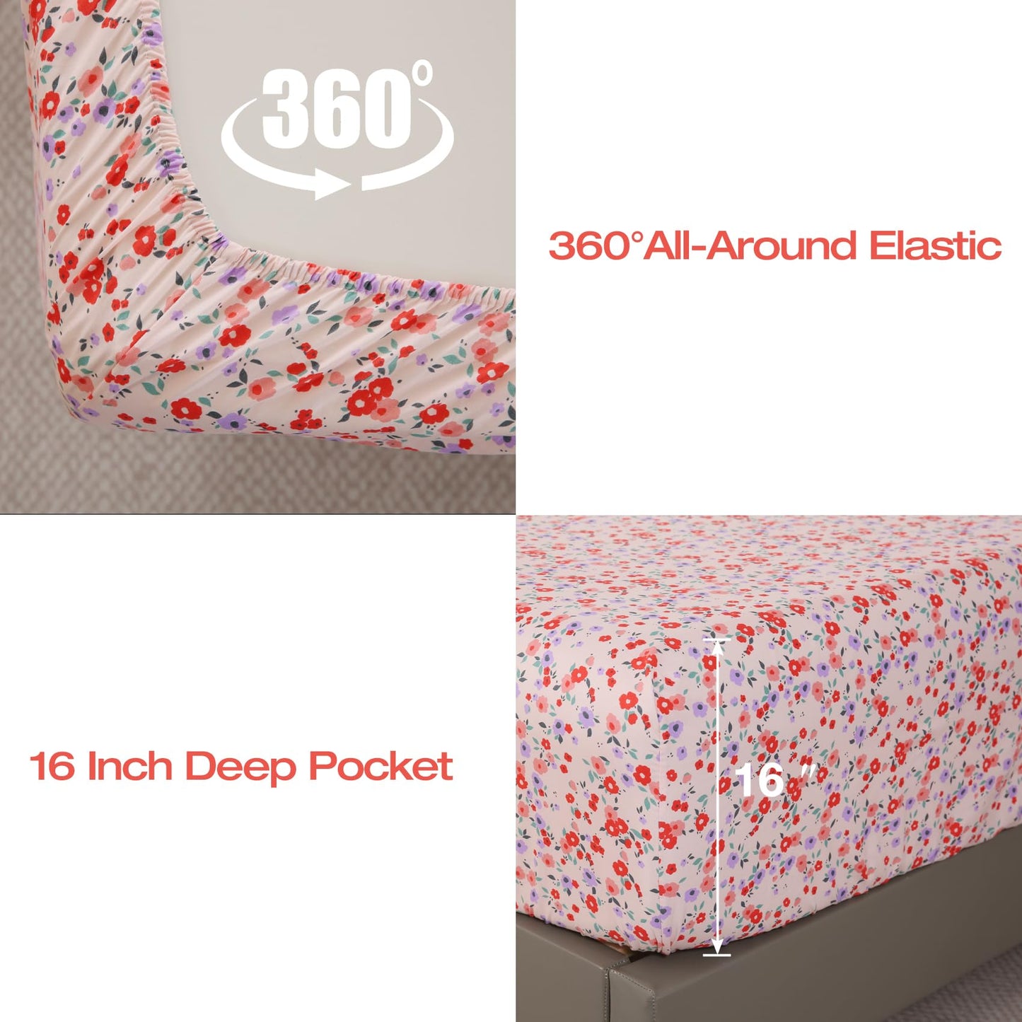 Yibeizi Pink Floral Sheets King Purple Flower Pattern Bed Sheet Set Coquette Vintage Bedding Sheets & Pillowcases Soft Microfiber 15" Extra Deep Pocket Fitted Bedsheet 4 Piece