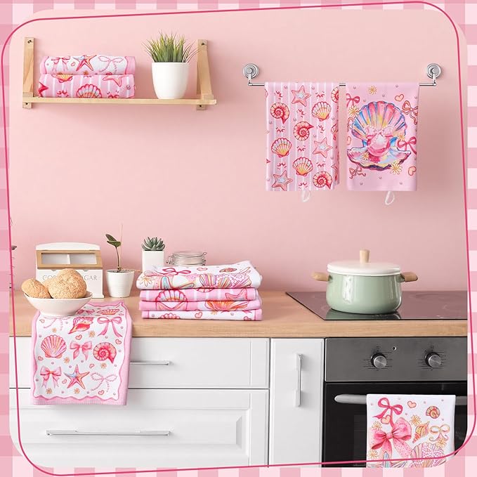 Breling Set of 6 Pink Beach Kitchen Towels Coastal Beach Dish Towel Bathroom