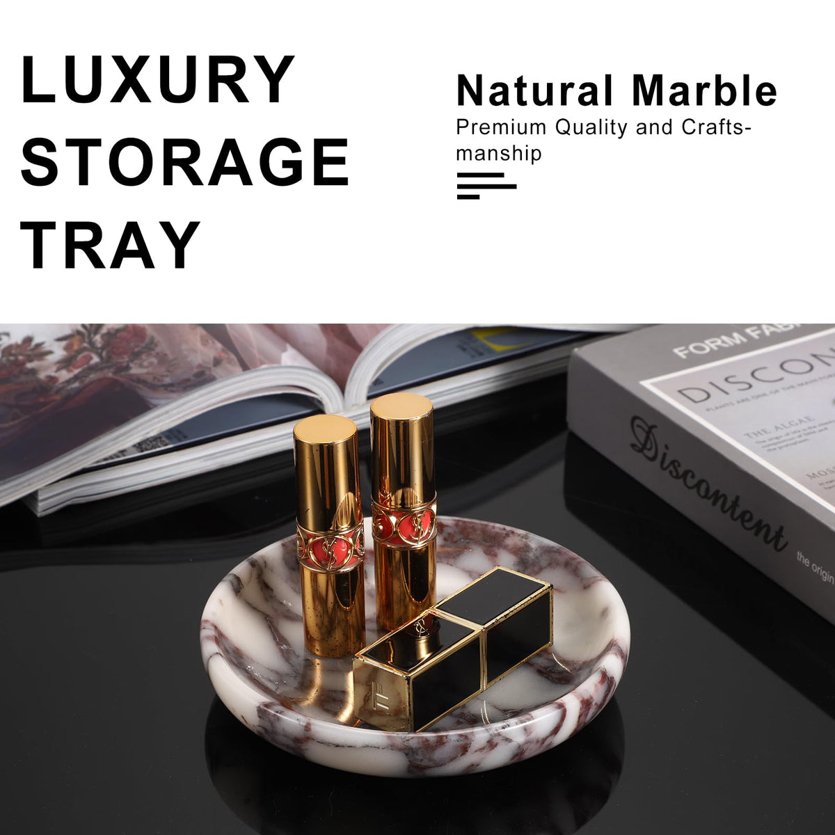 GUSHBIN Small Round Key Bowl for Entryway Table - 5.5" Natural Marble Jewelry Dish Tray Decorative Key Plate Holder Catch All Bowl for Earring Necklace Ring Holder for Bathroom