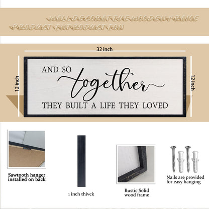 comurdyo Love Quote Wall Art And So Together They Built A Life They Loved Sign 32×12 Inch for Master Bedroom Over the Bed Living Room Farmhouse Rustic Wood Framed Wall Hanging Decor (Black)