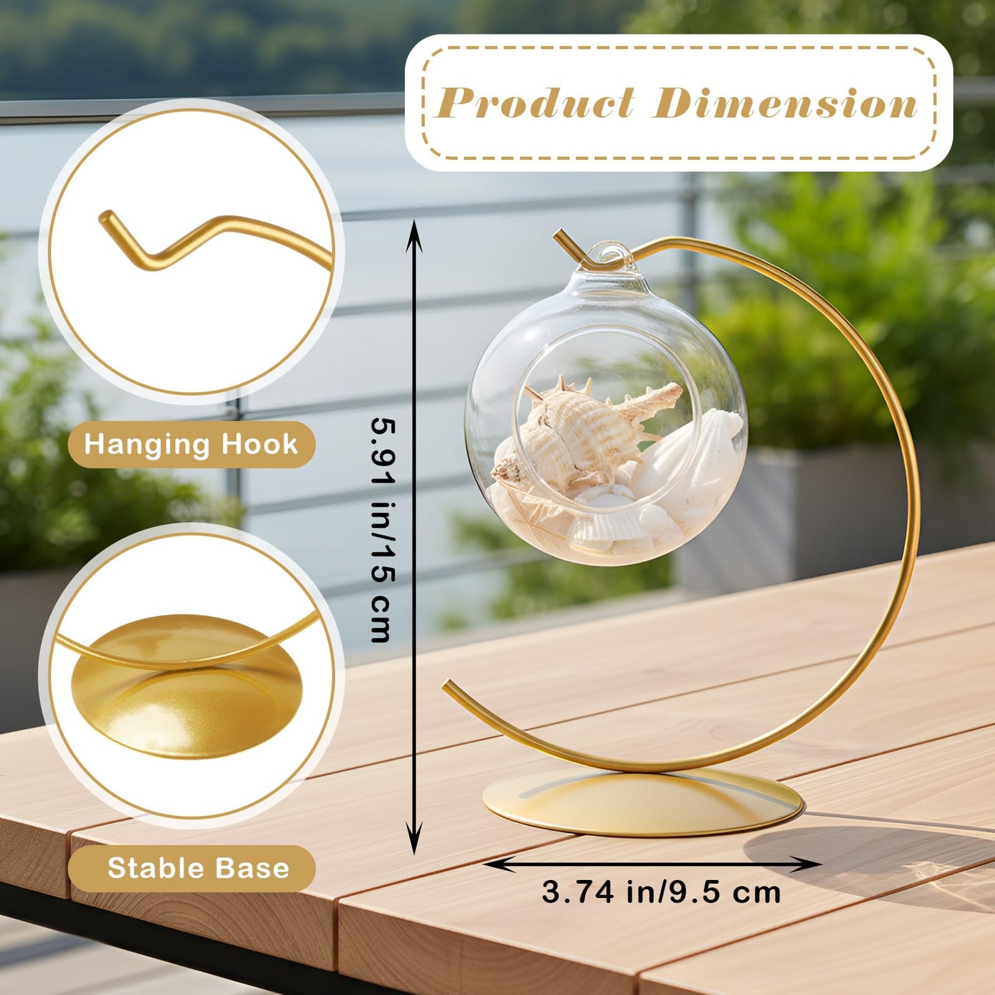 Otoolling 2 Pcs Ornament Display Stand Holder 6 Inch Tall Iron Round Christmas Air Plant Terrariums Holder Hook Crystal Witch Ball Hanging Stand for Glass Ball Christmas Wedding Home Decor (Gold)