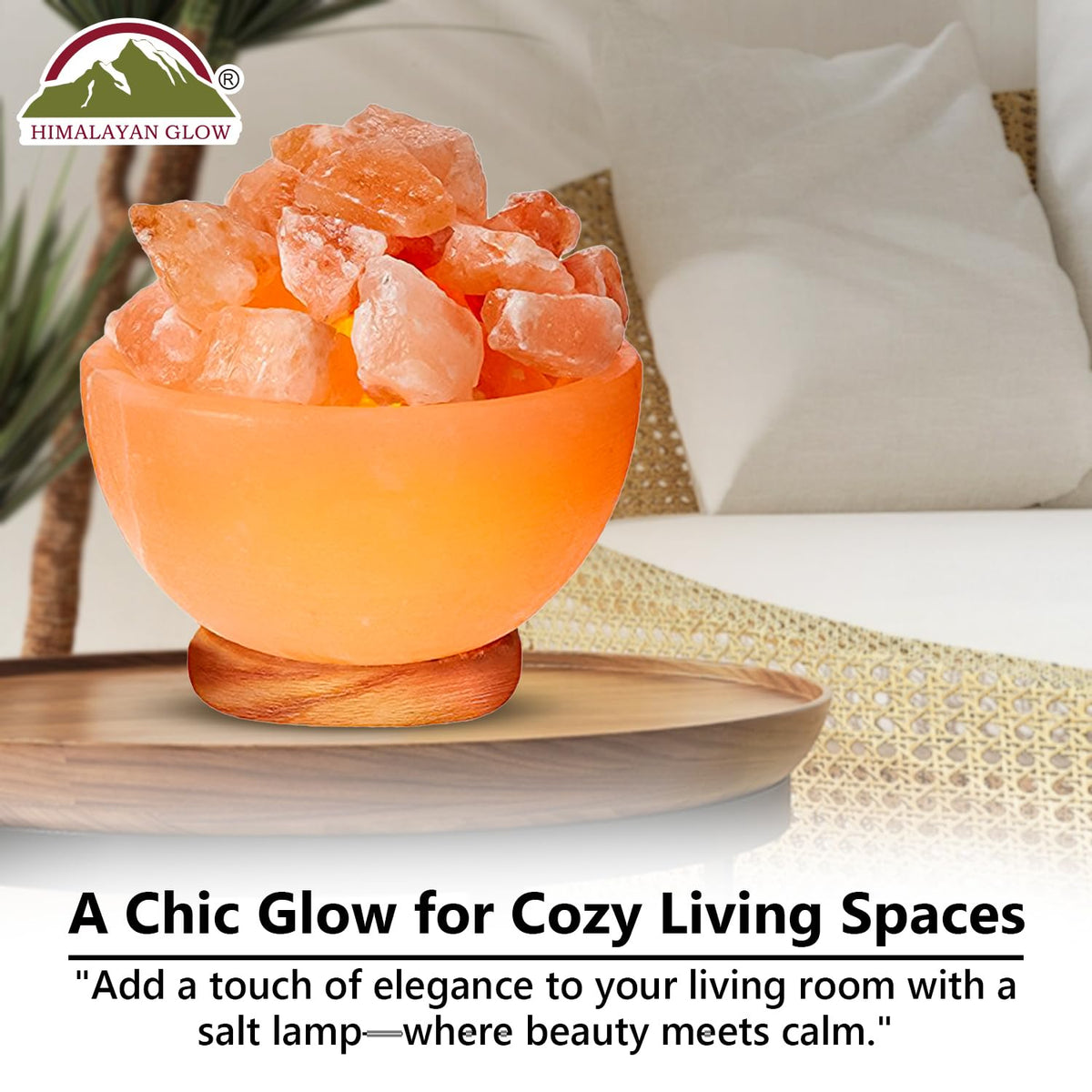 Himalayan Glow Massage Bowl Lamp with Natural Salt Crystal Chunks, Dimmer Cord with Classic Wood Base - Natural Crystal Salt Lamp with Mood Lightening and Night Light