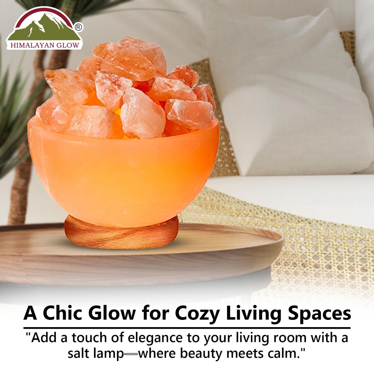 Himalayan Glow Massage Bowl Lamp with Natural Salt Crystal Chunks, Dimmer Cord with Classic Wood Base - Natural Crystal Salt Lamp with Mood Lightening and Night Light