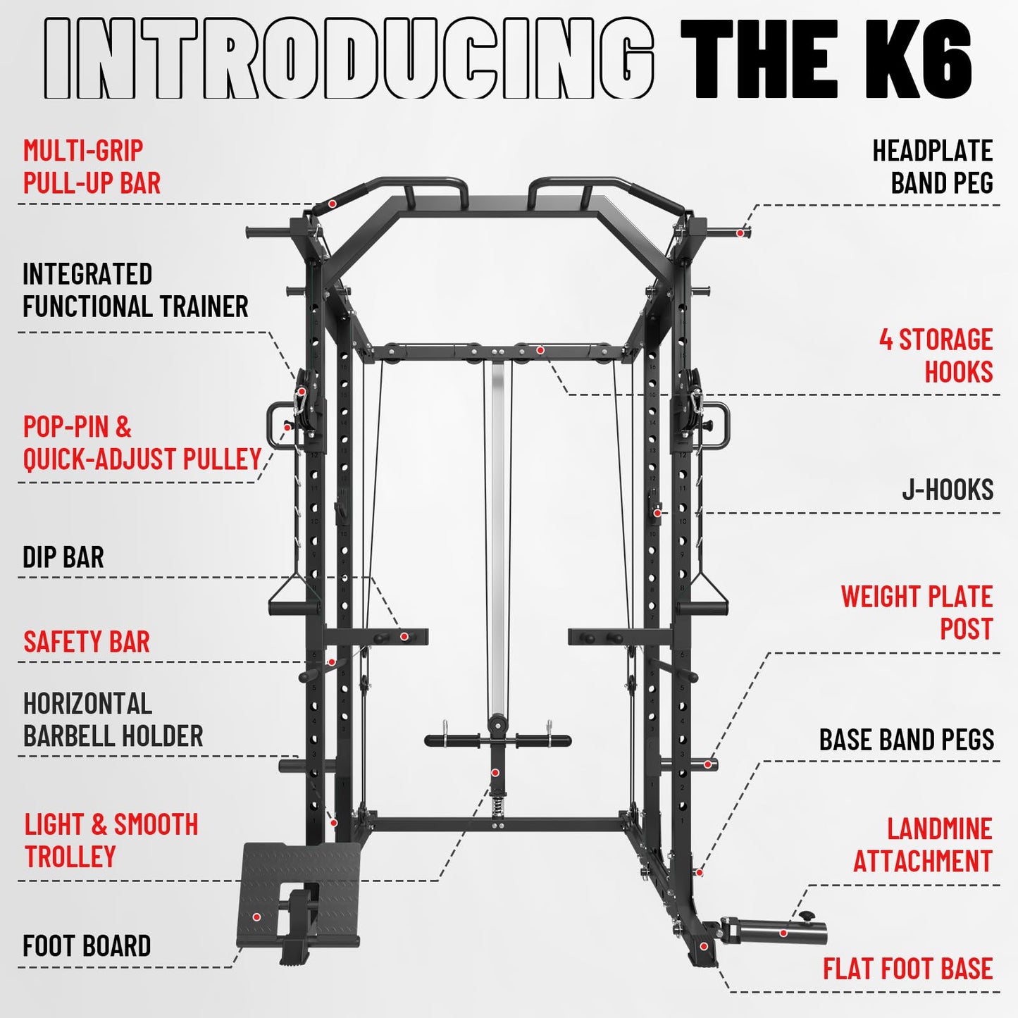 Mikolo K6 Power Cage, Power Rack with Cable Crossover System, Home Gym Packages with Weight Bench, Olympic Barbell, 230b Weight Set-Black