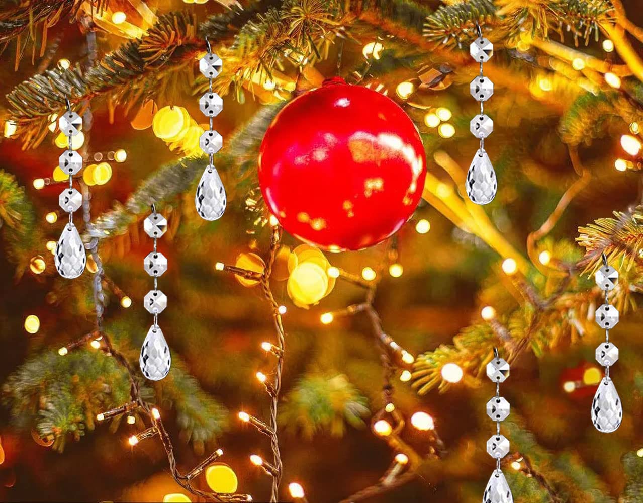 Christmas Ornaments Crystal Tree Decorations, 30Pcs Acrylic Clear Hanging Crystals for Centerpieces Teardrop Chandelier Garland Beads for Xmas Wedding Party Home Decor