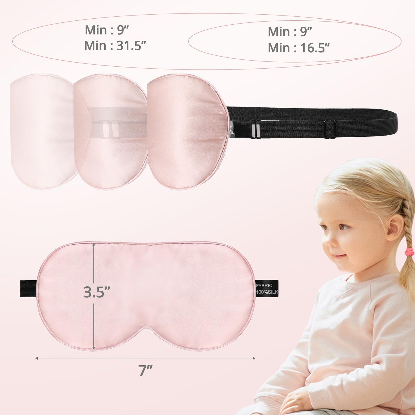 Kids Sleep Mask Eye Cover, 100% Real Natural Pure Silk Eye Mask with Adjustable Strap, Blindfold Kids Eye Mask for Sleeping, Eye Shade for Boys Girls and Adult, Pressure-Free Comfort (Black)
