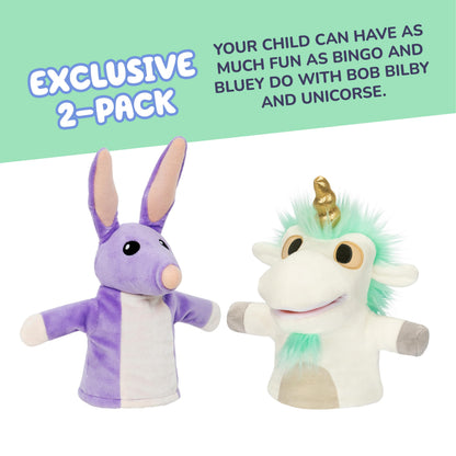 Bluey Unicorse & Bob Bilby Hand Puppet Plush 2-Pack – 8-9” Soft Deluxe Fabric, Embroidered Details, Perfect for Toddler Hands, Imaginative Play, Official Bluey Toys, Amazon Exclusive