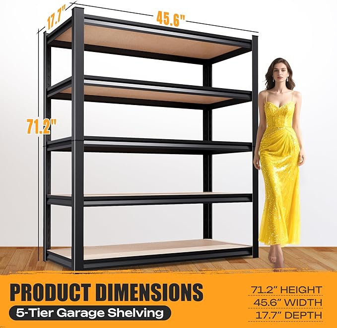 Set of 2 Garage Shelving Heavy Duty Storage Shelves, Metal Adjustable Shelving Unit, Utility Garage Organizer Shelf for Basement, Pantry, Kitchen, Warehouse, 17.7" Dx45.6 Wx71.2 H, Black