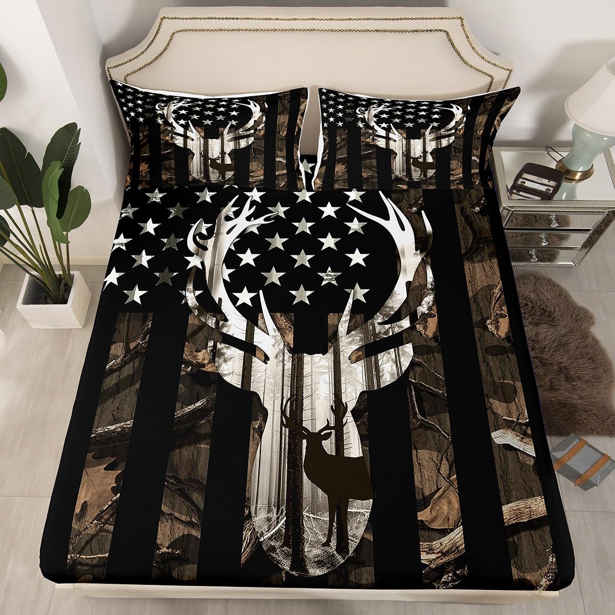 Grey Camo USA Flag Fitted Sheet Set Full Size 4pcs, Camouflage Deer Antlers Silhouette and Trees Bedding Set(1 Fitted,1 Flat,2 Pillowcases),American Flag Luxury Deep Pocket Bed Sheets for Girls Teen