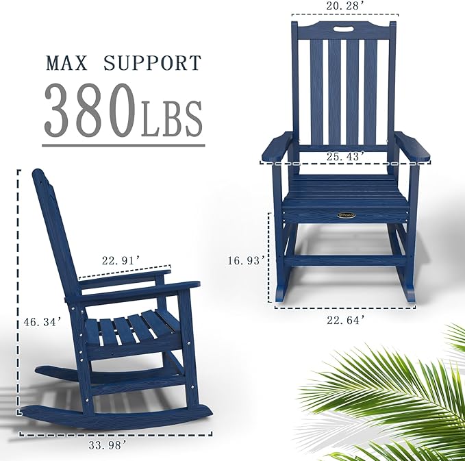 Oversized Rocking Chair Set of 8, Outdoor Rocking Chair for Adults, All Weather Resistant Porch Rocker for Lawn Garden, Navy Blue