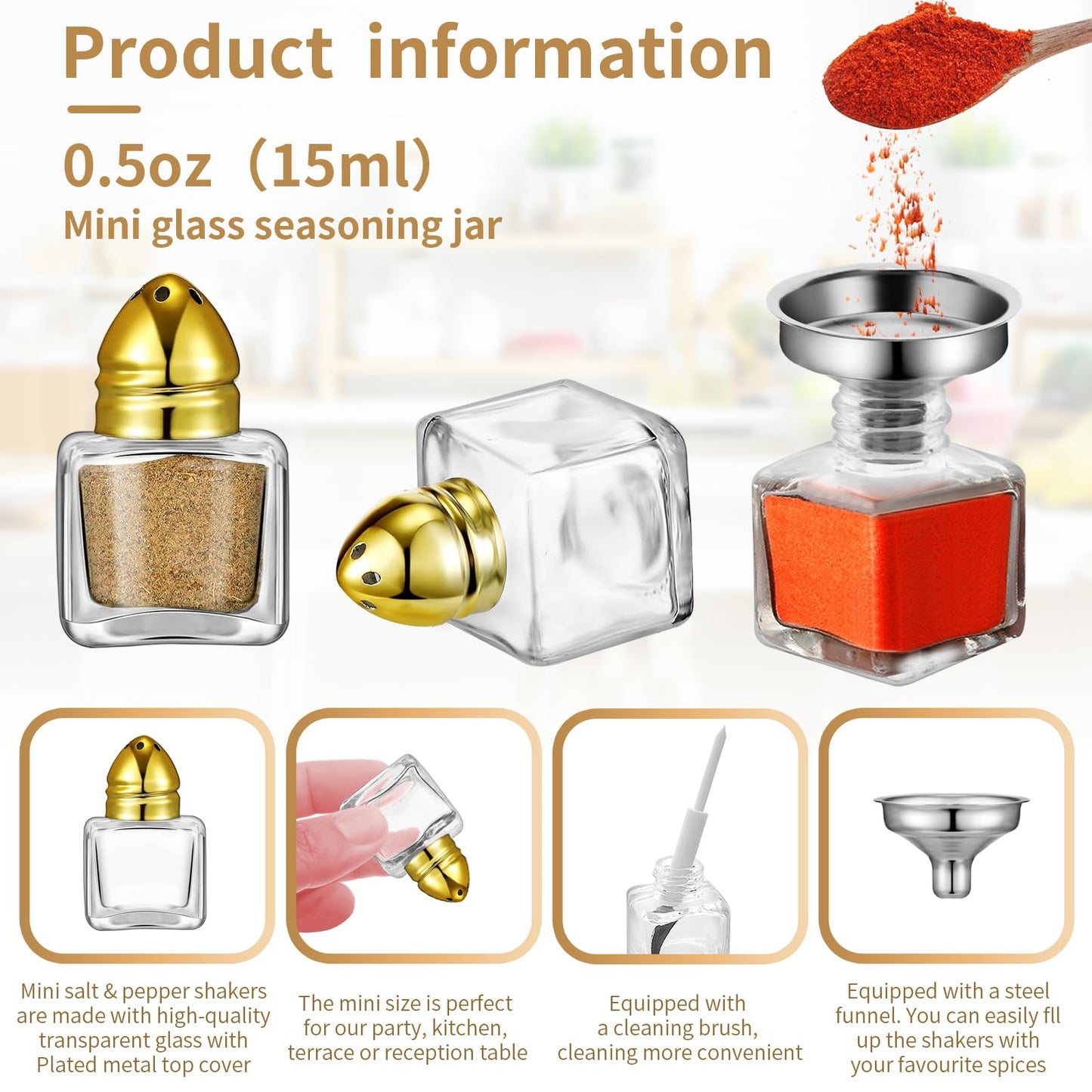 12 Pcs 0.5 oz Cube Shape Small Salt and Pepper Shakers Clear Mini Glass Seasoning Jars Spice Salt Shakers with Funnel and Storage Rack for Wedding Party Restaurant Home Kitchen (Gold)