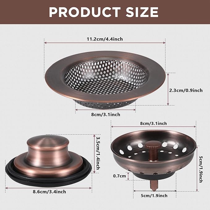 Mudder 3 Pcs Kitchen Sink Drain Strainer and Stopper Stainless Steel Garbage