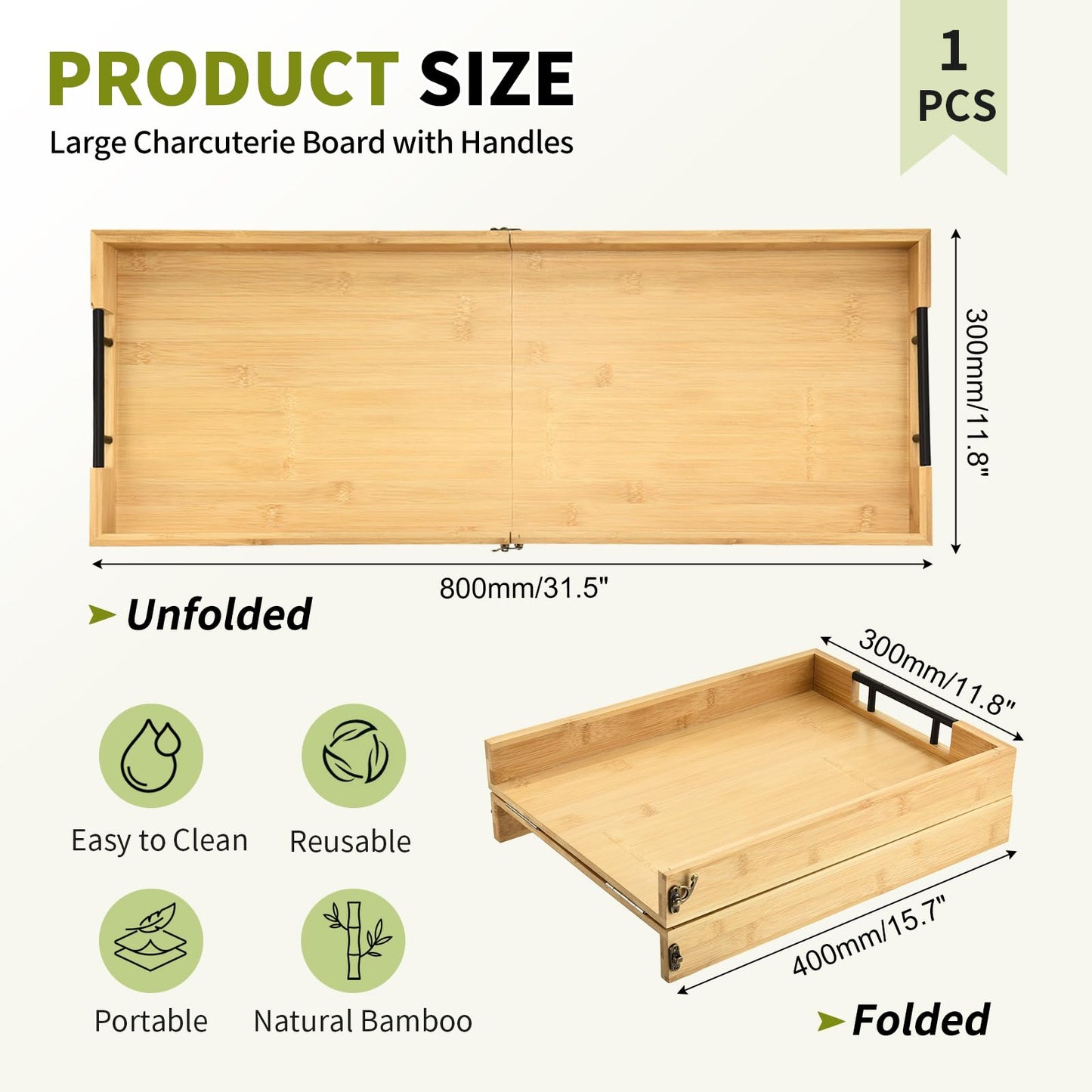 GLOKUUCA Large Charcuterie Board with Handles, 32 x 12 Inch Foldable Bamboo Serving Cheese Boards - Serving Platter for Meat, Party Appetizers, Outdoor & Fruit